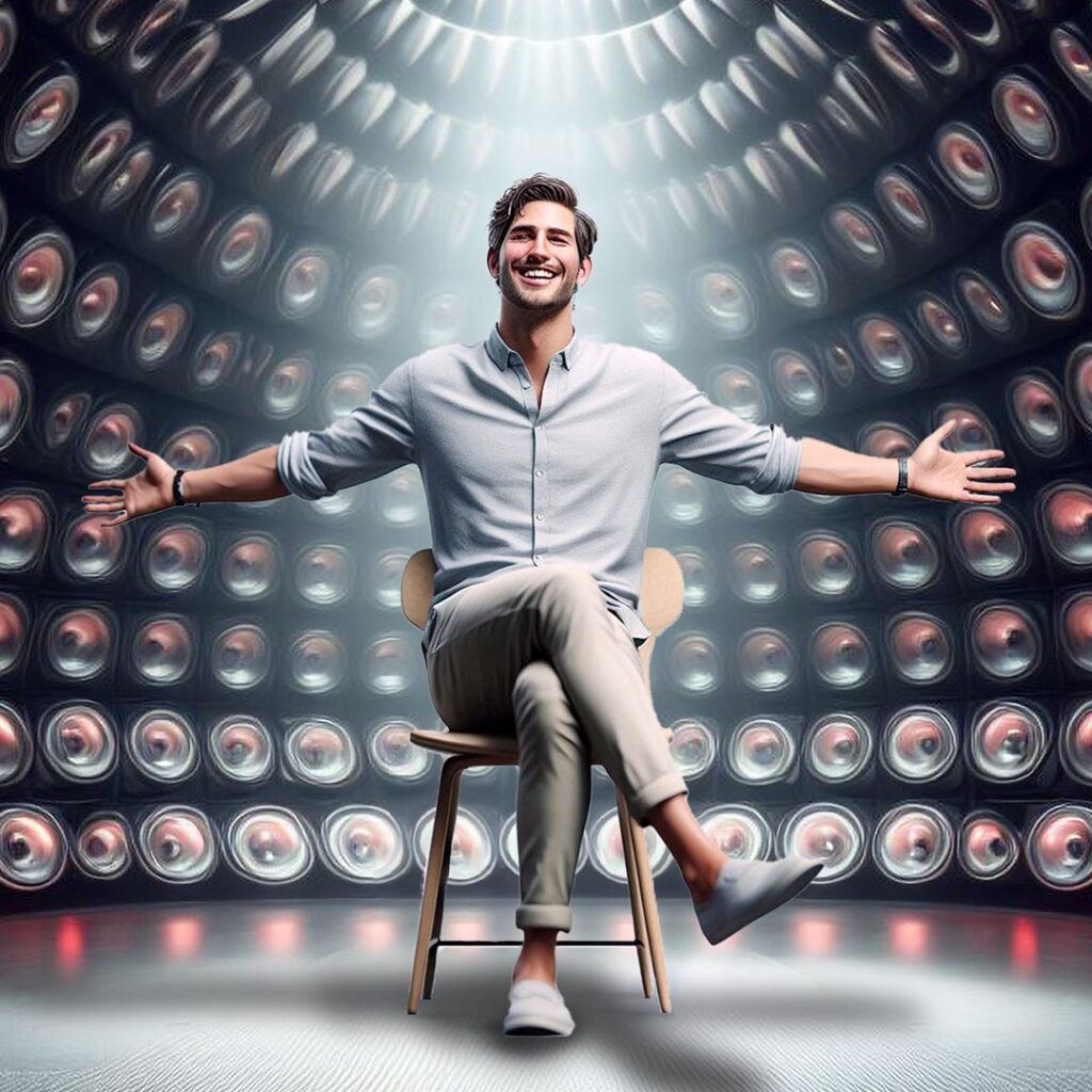 An overjoyed man sitting inside a large dome made up of hundreds of speakers.