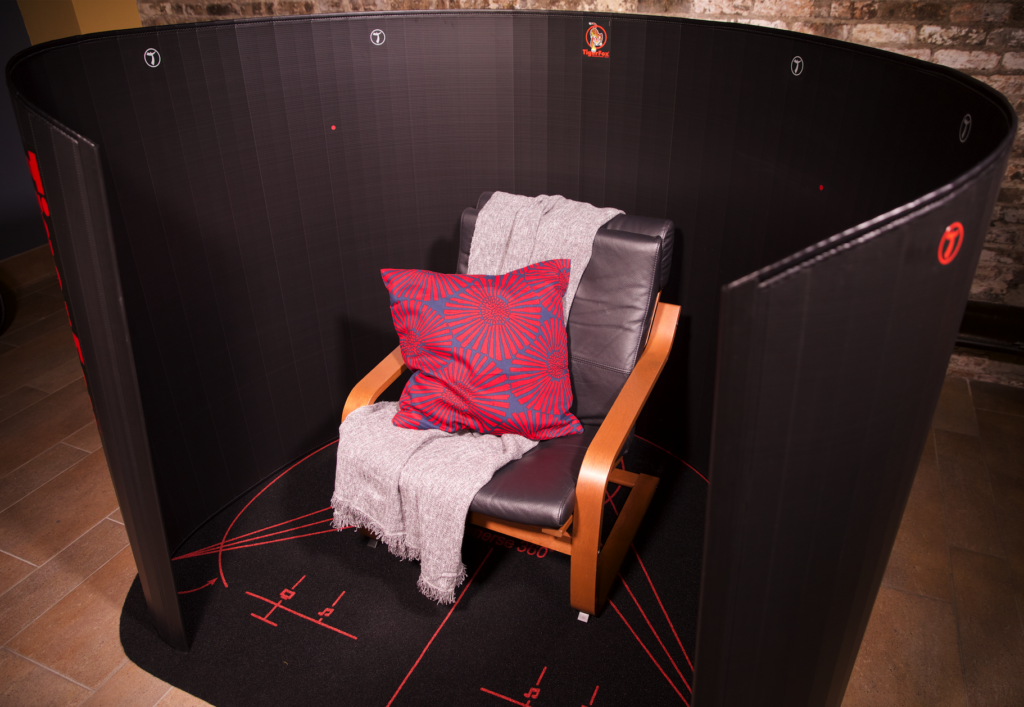Photo of the full surround pure acoustic time aligned pod of the Immerse 360 Sound Spa that delivers a 360 immersion sound bath experience